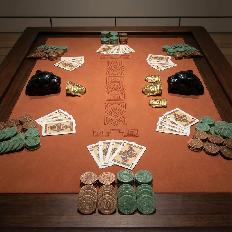 Mesa de bacará con cartas y fichas de bronce inspiradas en arte prehispánico en Casino Central