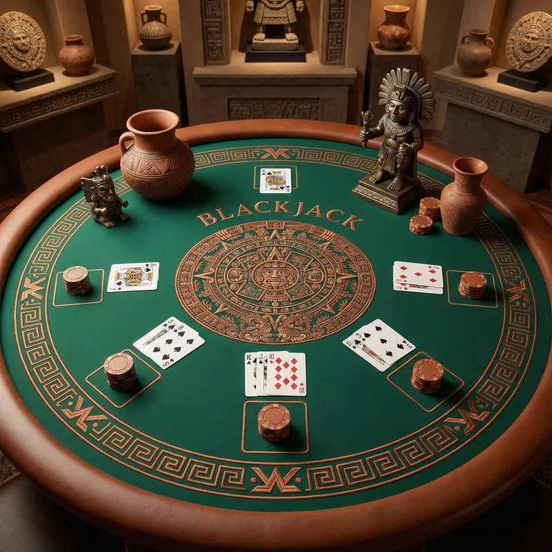 Mesa de blackjack con diseño del calendario azteca en Casino Central México