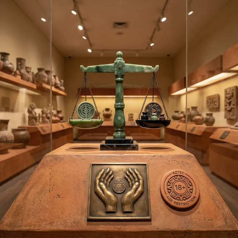 Juego responsable con balanza de jade y símbolo 18+ en Casino Central