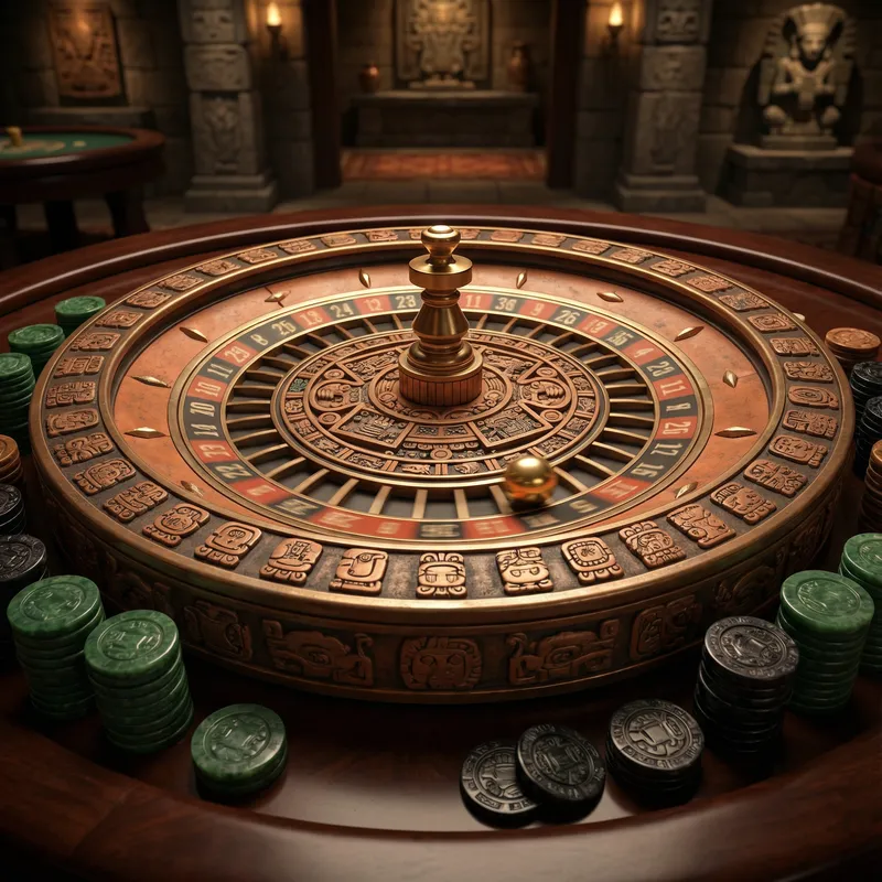 Ruleta europea con decoración mesoamericana y fichas de jade en Casino Central México
