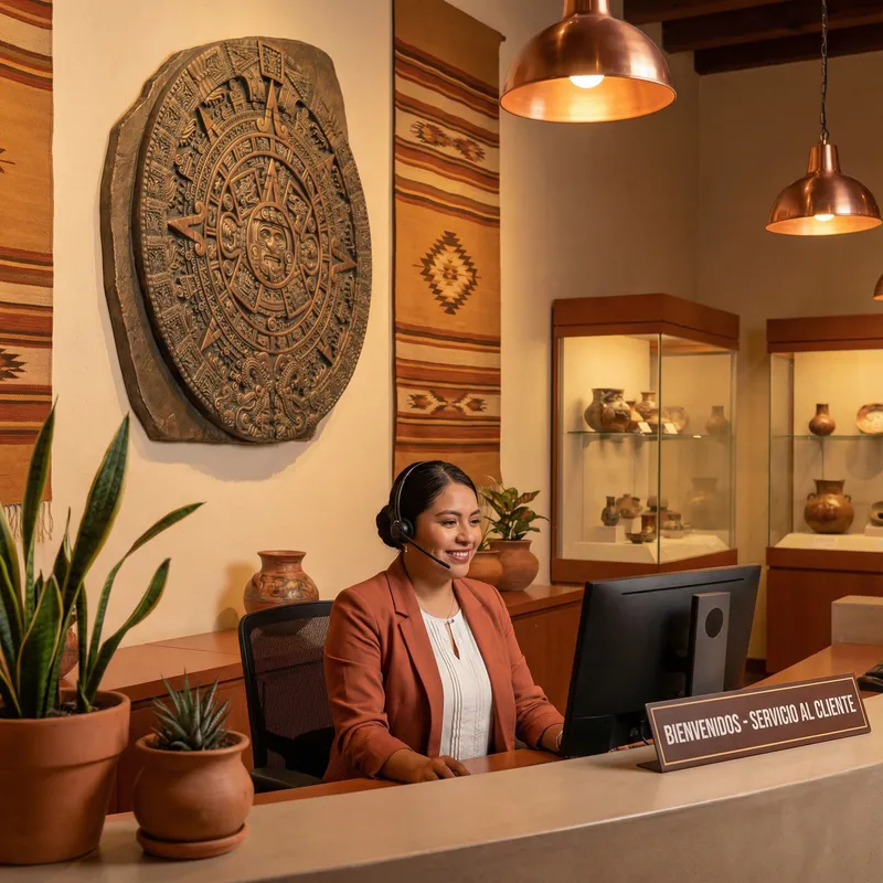 Agente de soporte al cliente de Casino Central con calendario azteca de fondo